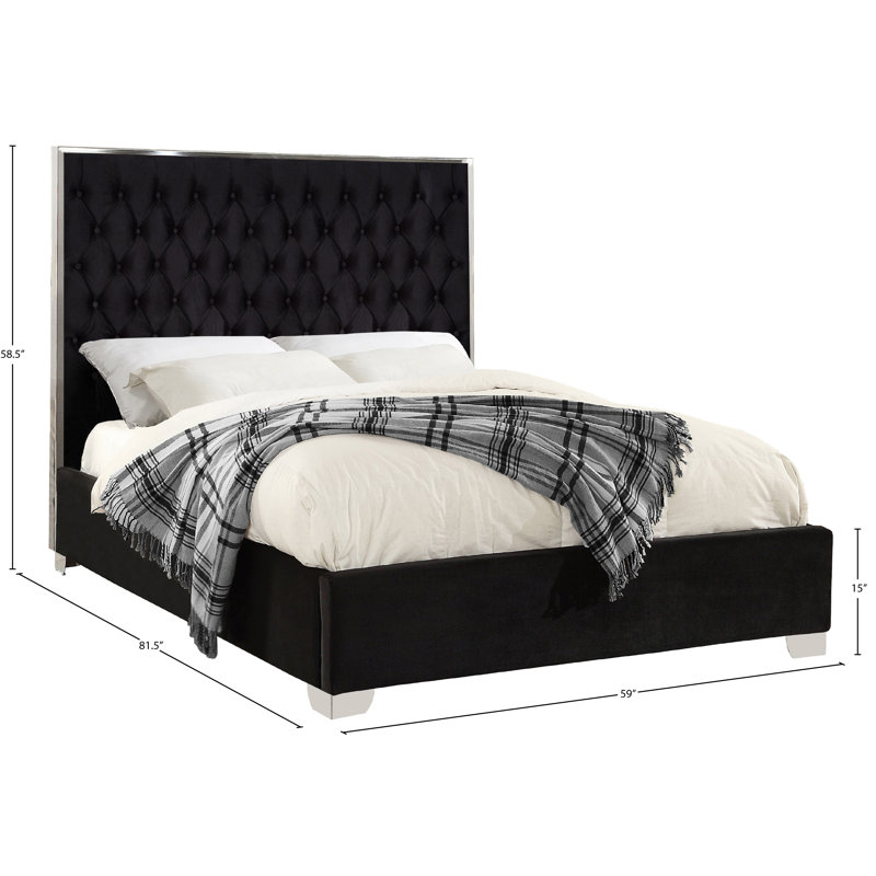 Spadaro Upholstered Platform Bed, Black Velvet, Silver, Full