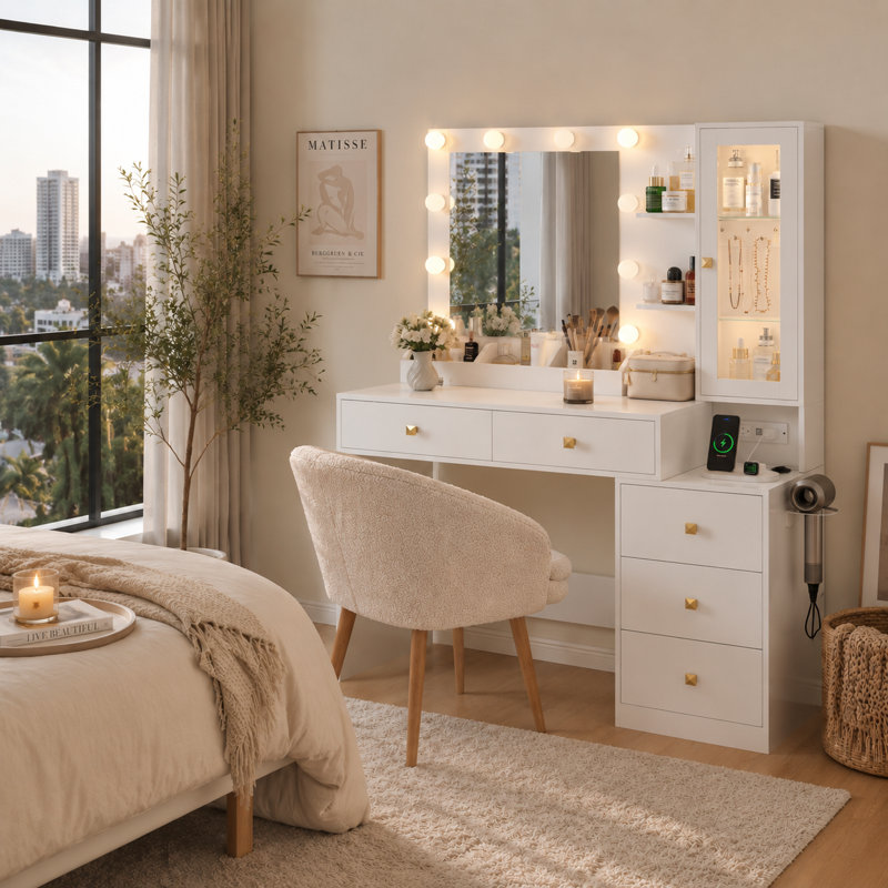 Vanity Desk with Mirror and Lights, Makeup Vanity with 5 Drawers and Hidden Jewelry Organizer, White