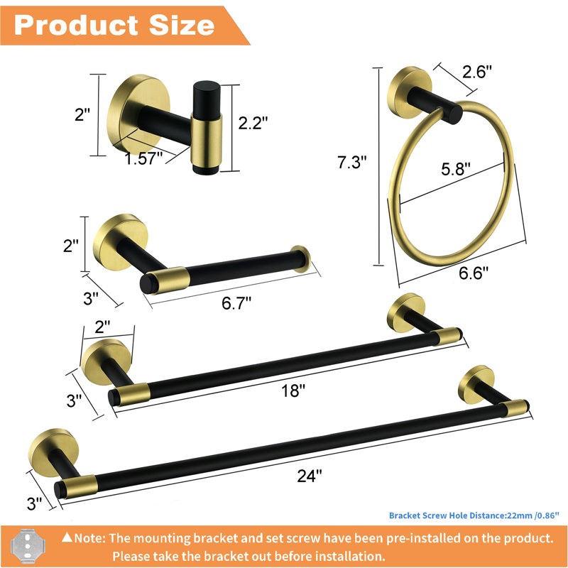 6 - Piece Bathroom Hardware Set Towel Holder Set, Black/Gold