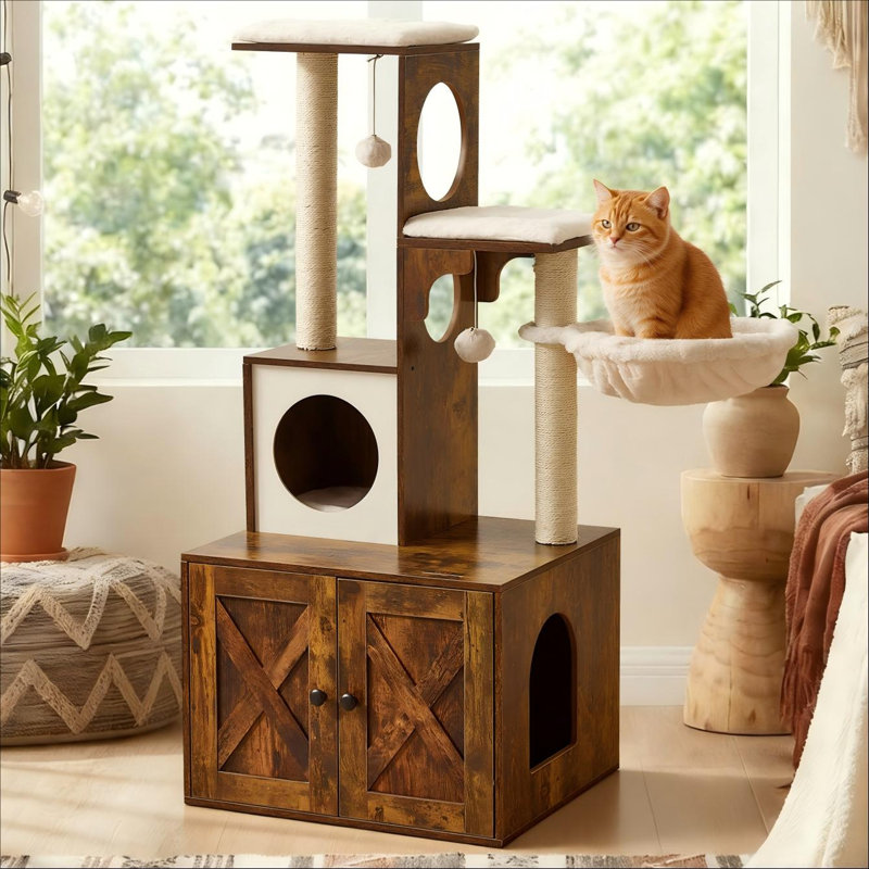 53" Kimmel Cat Tree with Litter Box Enclosure, Rustic Brown