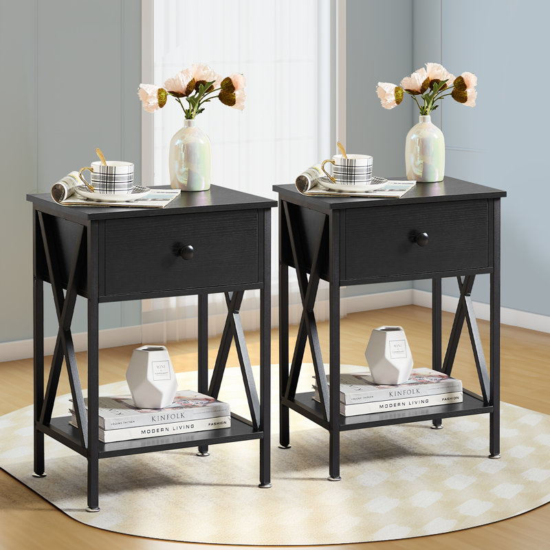 NS Bedside Table Storage Bedroom Nightstand Wooden Side Table w/ Drawer, Black