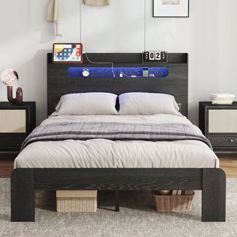 Grand lit plateforme en bois, Noir, Grand
