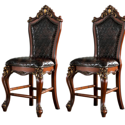 Chaises à hauteur de comptoir (de 2) - Style traditionnel, siège en similicuir en chêne miel, avec repose-pieds allongé pour la conception de 2 chaises, cuir chocolat, dossier solide, confortable