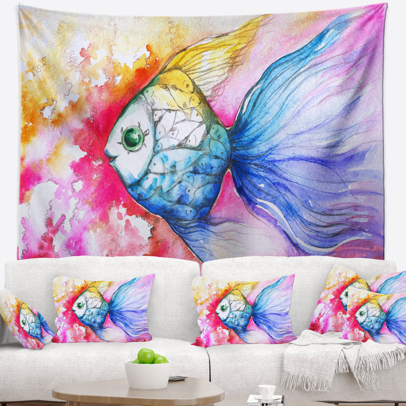 Tapisserie poisson bleu sur fond rouge, H 50 po x l 60 po