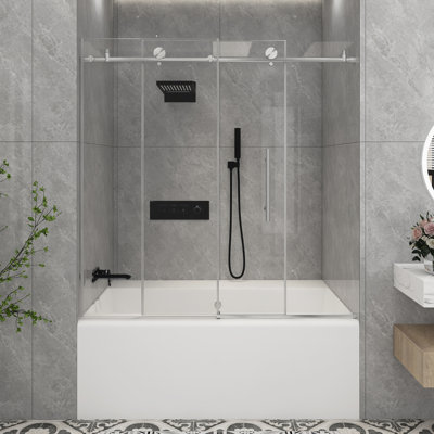 Porte de douche sans cadre en nickel brossé l 56 à 60 po x H 60 po, verre trempé transparent de 1/4 po (6 mm), film antidéflagrant, poignée en acier inoxydable