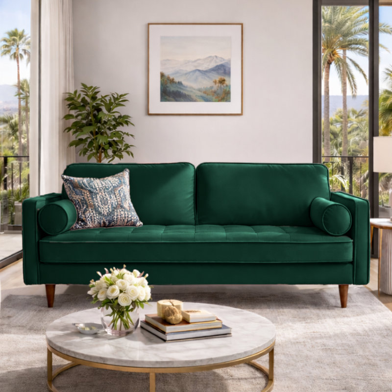 Alden 70" Square Arm Velvet Sofa, Green