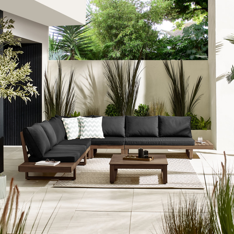 Temmy Solid Wood 7/8 Seater Garden Sofa Set With Coffee Table - Outdoor Patio Lounge Modern Garden, Walnut/Black