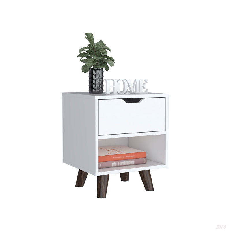 Modern Nightstand 19"H With Spacious Drawer, Open Storage Shelf And Chic Wooden Legs, Elegance And Stability, White