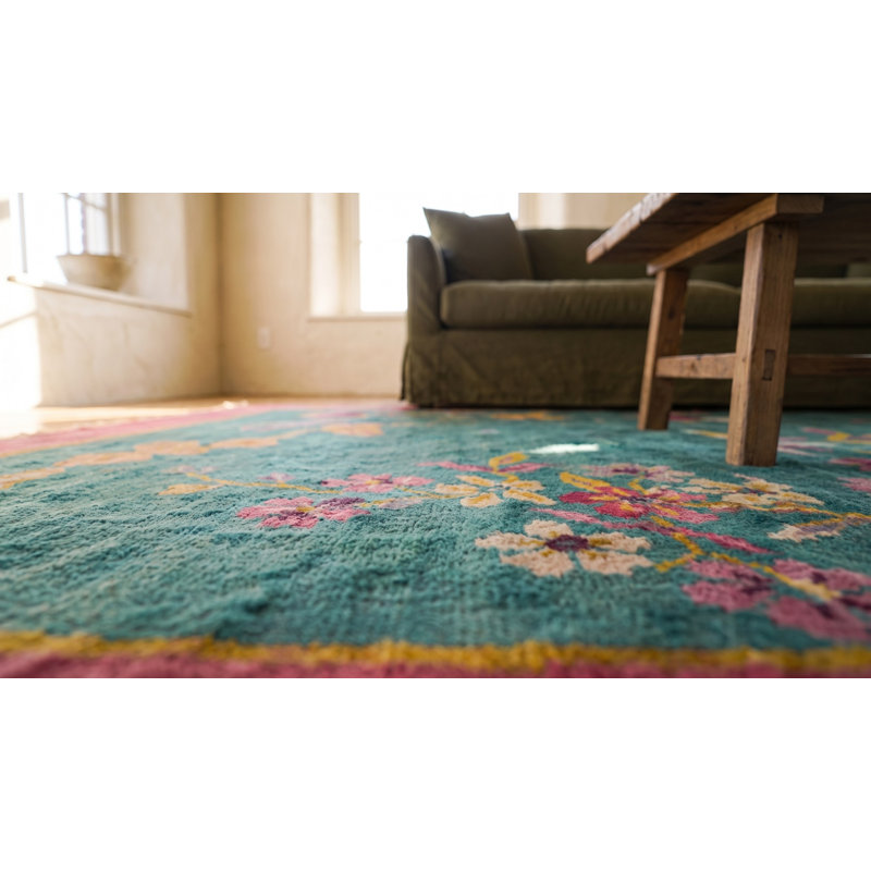 Green Antique Wool Floral Hand Knotted Pile 1920s Rectangle Rug