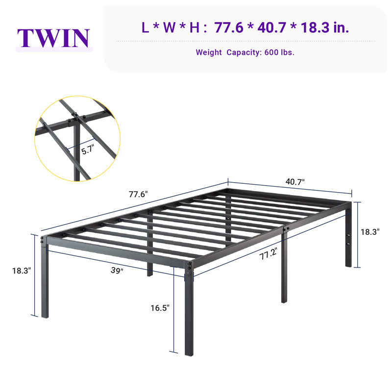 Colbin 18.3'' No Headboard Metal Bed with Black Painted, Twin