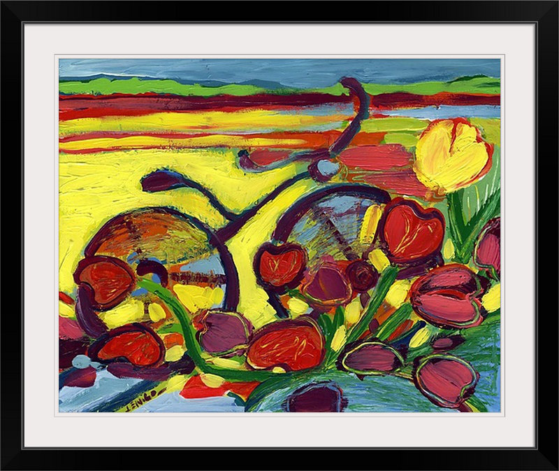 Nolani «Cycle de vélo à travers le champ de tulipes # 2» - reproduction d'art, H 20 po x l 23 po x P 1 po, Cadre noir