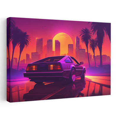 «Retro Car City Sunset», art mural rétro classique avec paysage de palmiers