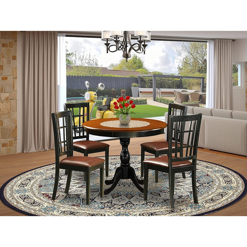 Ensemble de coin-repas 5 pièces comprenant une table en bois et 4 chaises en similicuir avec dossier à lattes - finition noire