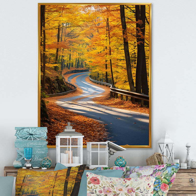 Passerelle, route d'automne dans la forêt III, Cadre flottant doré, H 44 po x l 34 po x P 1,5 po
