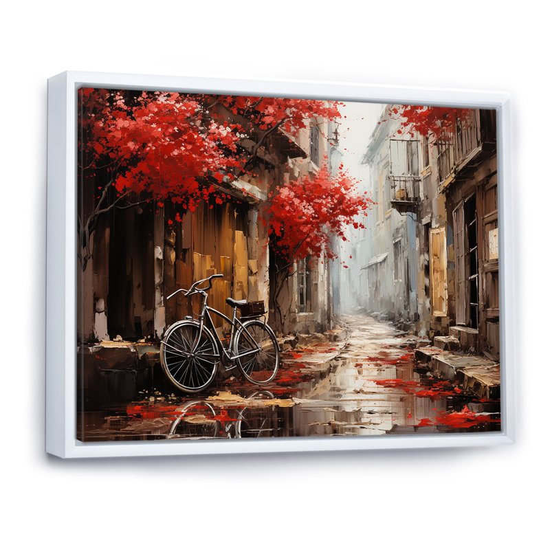 Crimson Ride Red Flowers I - Art mural de bicyclette pour le salon, H 34 po x l 44 po x P 1,5 po, Cadre flottant blanc