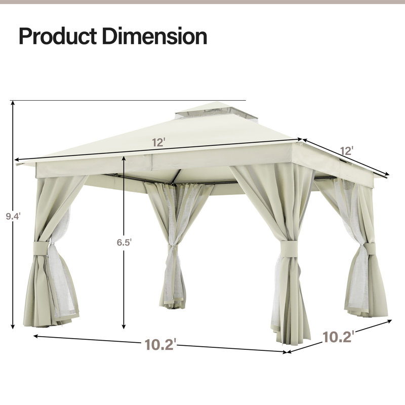 Pavillon de jardin en acier, Blanc crémeux, H 112,8 po x l 144 po x P 144 po
