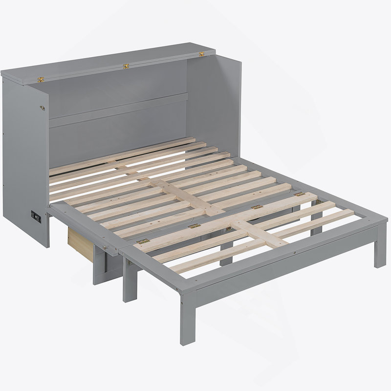 Lit escamotable double avec grands tiroirs, Gris, Full