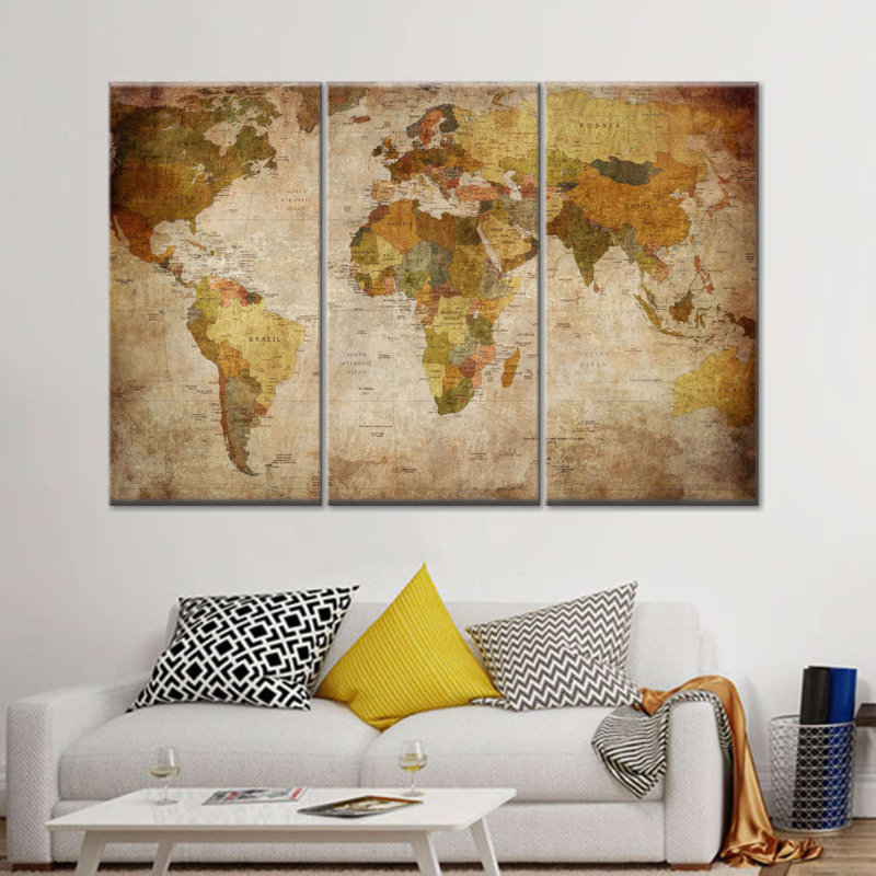 Carte du monde rétro sur toile, ensemble de 3 pièces, H 48 po x l 74 po x P 1,25 po