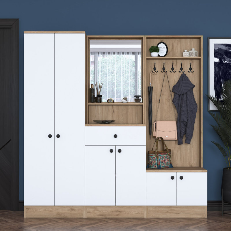 Arbre d'entrée 5-en-1 avec miroir, rangement pour chaussures et portemanteau