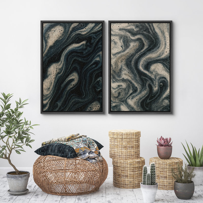 Art mural abstrait, ensemble de 2 reproductions d'art encadrées sur toile, H 36 po x l 48 po, Noir