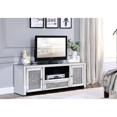 Silver Mirrored Assembled Tv Stand With Faux Diamonds, Open Media Compartment, Single Drawer And 2 Doors, Ideal For 50" Flat Panel Tv, , 2" Floor , Glide Side Metal, French Front, Full Black