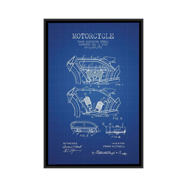 Bless international Frank A. Etwell Motorcycle Patent Sketch (Blue Grid) by Aged  Pixel Gallery-Wrapped Canvas Giclée