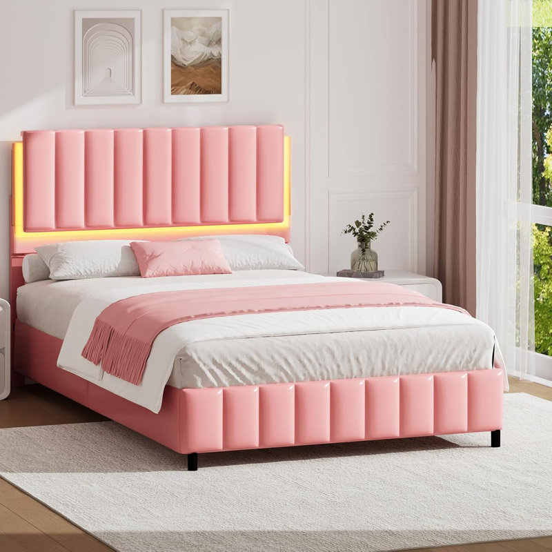 Structure de lit tapissier avec lumières DEL, lit plateforme en similicuir, Grand lit, Rose