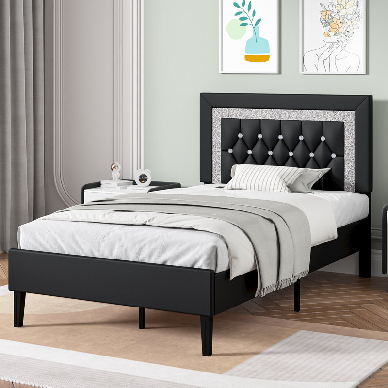 Alber Bed Frame with Tufted Button Headboard, Upholstered Platform Bed Frame with Diamond Design, Wood Slat Support, No Box Spring Needed, Easy Assembly