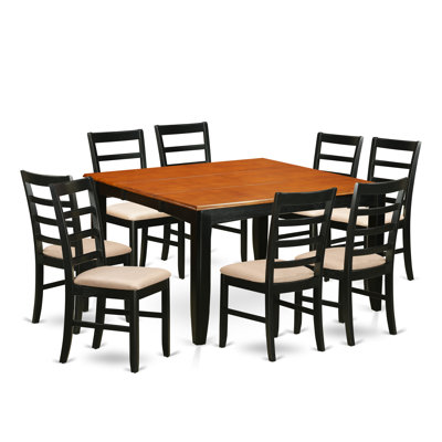 Ensemble de table de salle à manger 9 pièces comprenant une table de salle à manger carrée avec feuille papillon et 8 chaises de salle à manger en tissu de lin, noir et cerise