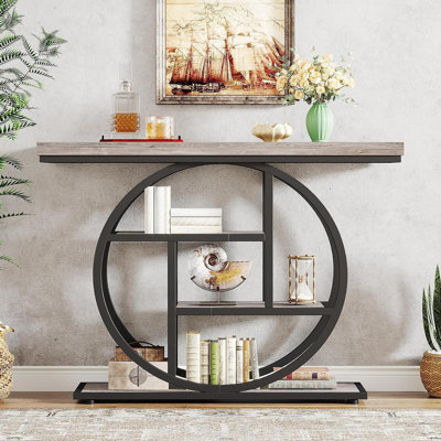 Console industrielle de 41,3 po, canapé gris à 4 niveaux avec structure en cercle circulaire unique et tablettes de rangement, table d'appoint étroite pour le salon, le couloir et le vestibule