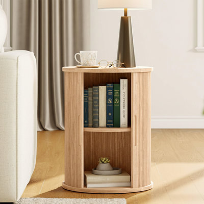 18 Inch Wide Round Nightstand With Sliding Tambour Door, Mid-Century Modern Fluted Side Table With Adjustable Shelf, Oak