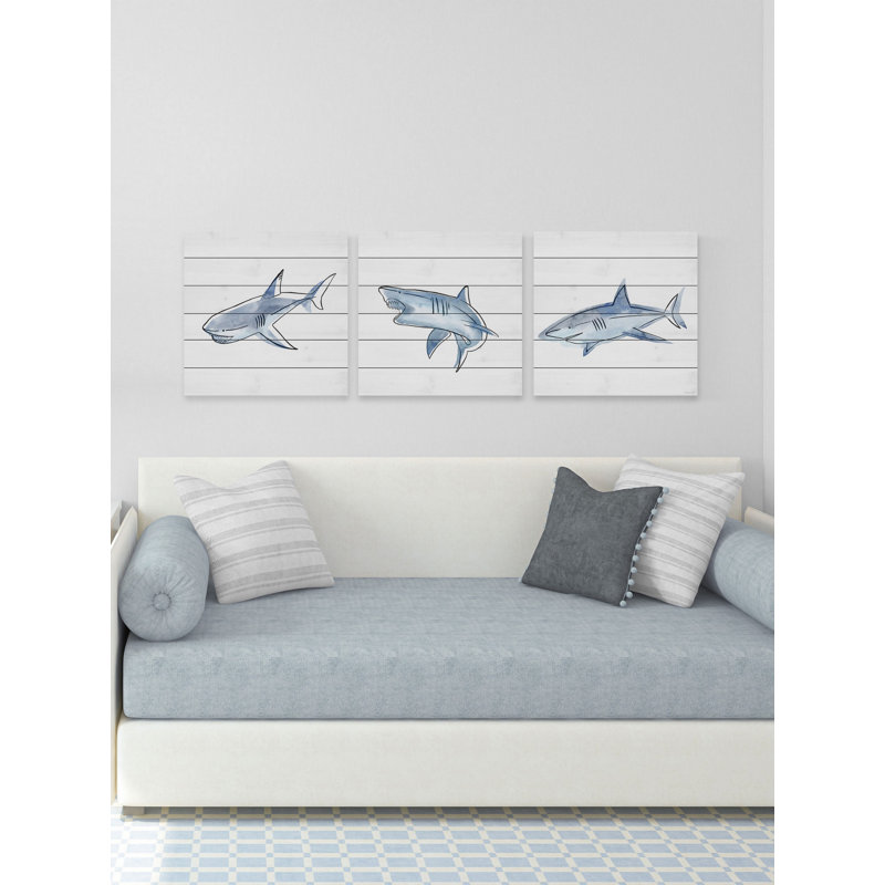 Fiery Sharks 3-Piece Print on White Wood, 18" H x 18" W x 1.5" D