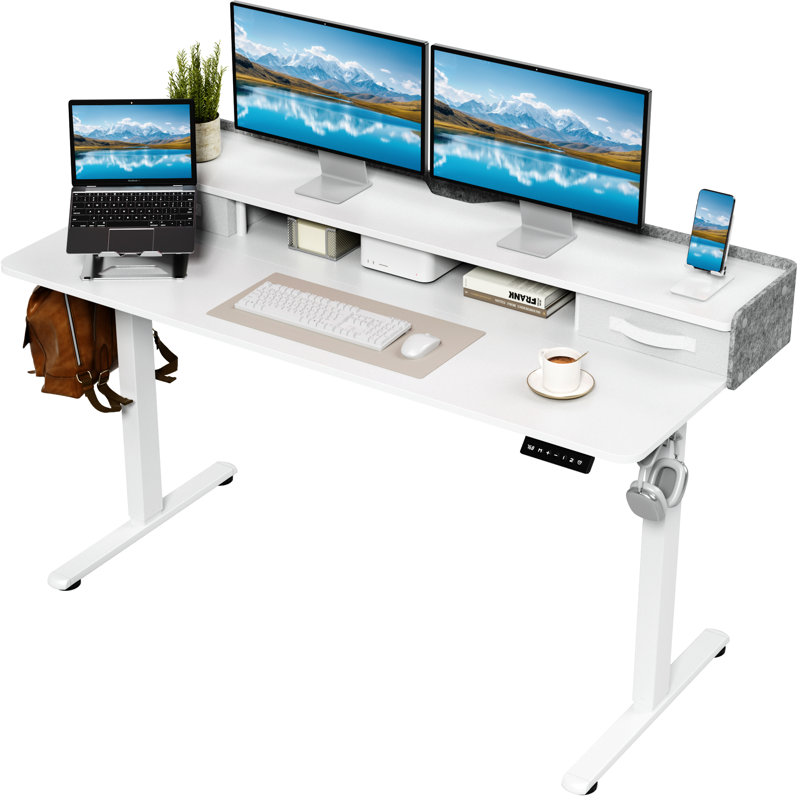Bureau électrique debout à 2 tiroirs, bureau d'ordinateur à hauteur réglable, L 55 po x P 24 po, White/White
