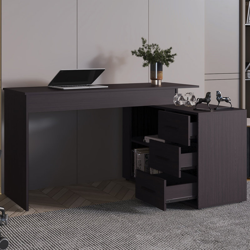 Bureau en L Wengé avec 3 tiroirs et espace de rangement