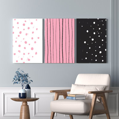 Pink Polka Dot Pink Stripe And Black Polka Dot Canvas Wrapped Wall Art Oil Painting Print Set Of 3 For Living Room Bedroom Or Office Decor