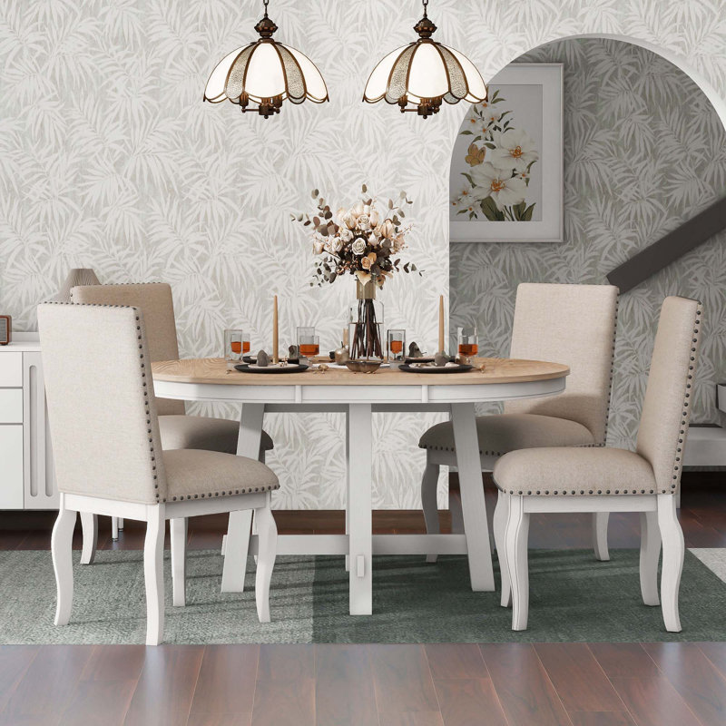Ensemble de table de salle à manger 5 pièces Farmhouse, table de salle à manger extensible ronde en bois avec 4 chaises rembourrées