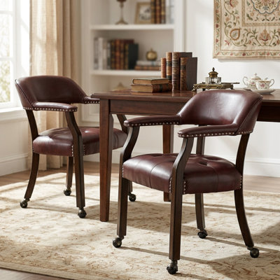 Wexford Collection Set of 2 Mid-Century Modern Upholstered Dining Chairs, Faux Leather Wood Accent Chairs with Arms and Casters for Dining Room, Kitchen or Office