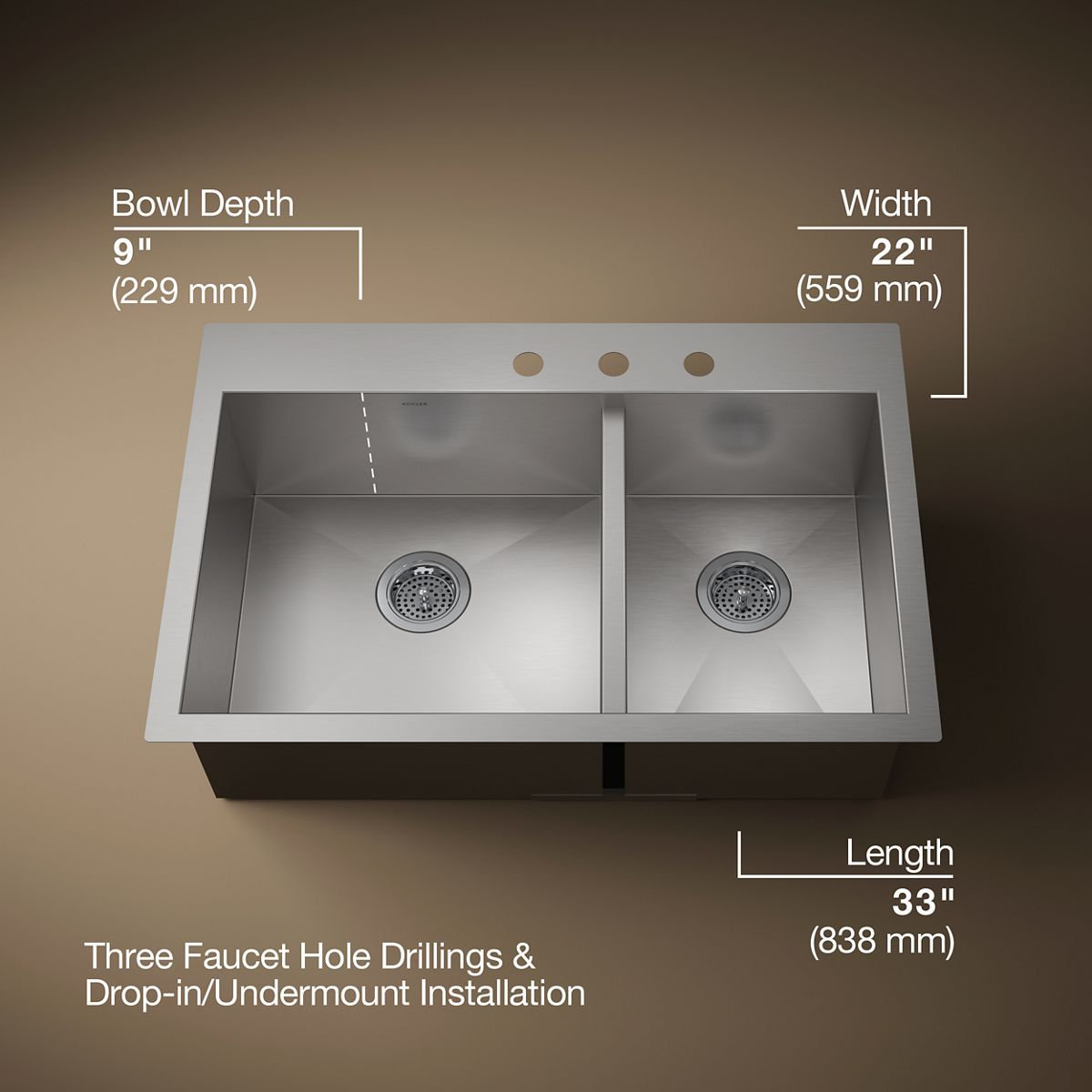 Vault 33" Dual Mount Kitchen Sink, 3 holes