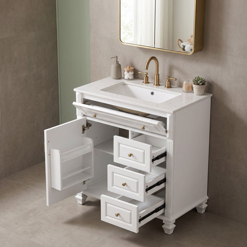 Meuble-lavabo autoportant avec lavabo en céramique, tiroir escamotable, rangement réglable et support de porte, White