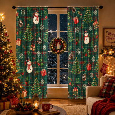 2Pcs Christmas Snowman Tree Gift Plaid Curtains Rod Pocket Light Filtering Window Drapes For Living Room Bedroom Kitchen Holiday Decor