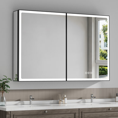 Armoire à pharmacie encastrée rectangulaire en aluminium noir 36 po x H 32 po avec miroirs, anti-buée, lumières à intensité variable tricolore et tablettes réglables en verre pour le rangement de maquillage, de rasage ou de meuble-lavabo