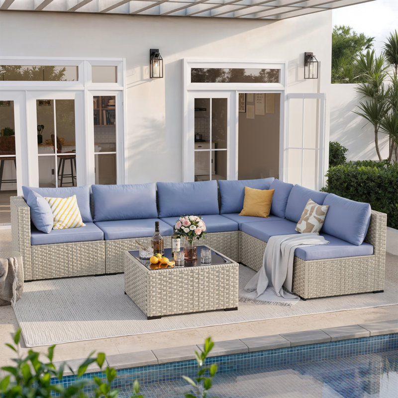 Ensemble de conversation de patio 7 pièces avec table basse et coussins, Bleu brume, Gris