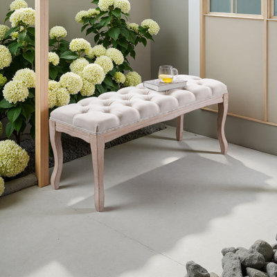 Banc de chambre à coucher, banc d'entrée touffeté de style français rétro, banc de bout de lit tapissier sculpté 43,3 po avec pieds en bois vieilli, repose-pieds en lin pour le salon