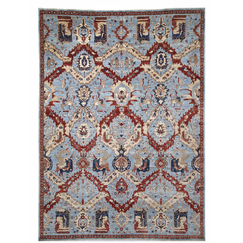 High-Quality Hand-Knotted Blue And Rust Area Rug