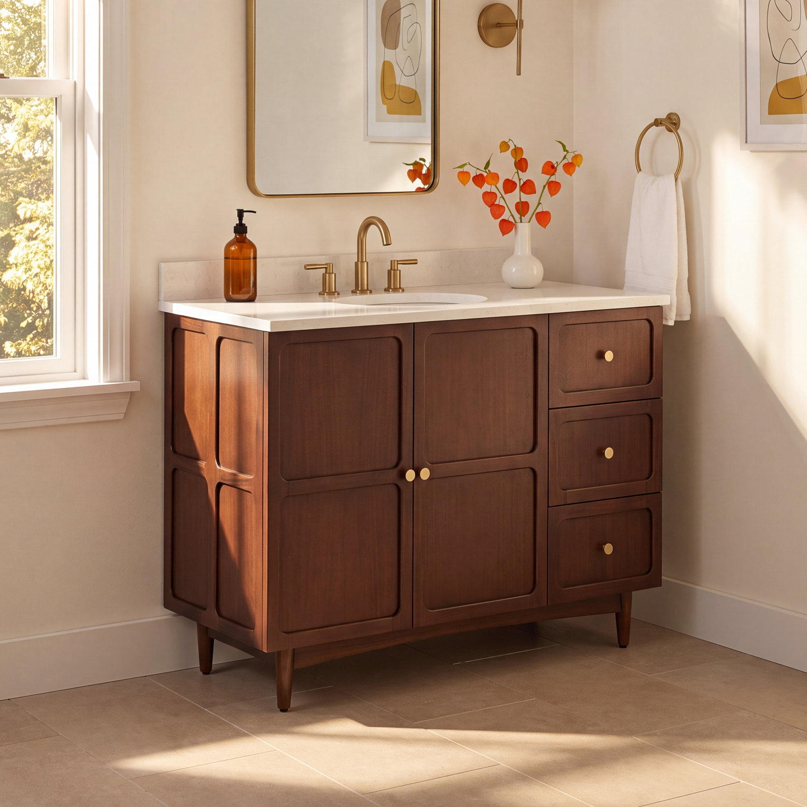 Delavan 48" Mahogany Single Bathroom Vanity, Feathered White Quartz