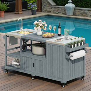 Îlot de cuisine 75 po avec évier, station de préparation pour barbecue roulant, bois massif, plateau en acier inoxydable 201, maison de campagne moderne, patio