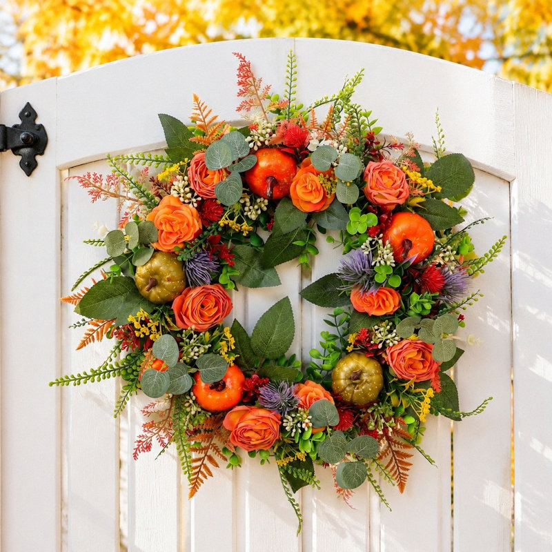 Couronne artificielle 19,7 pouces avec roses oranges, mini citrouilles, eucalyptus et chardon, décoration de la porte de l'Action de grâce