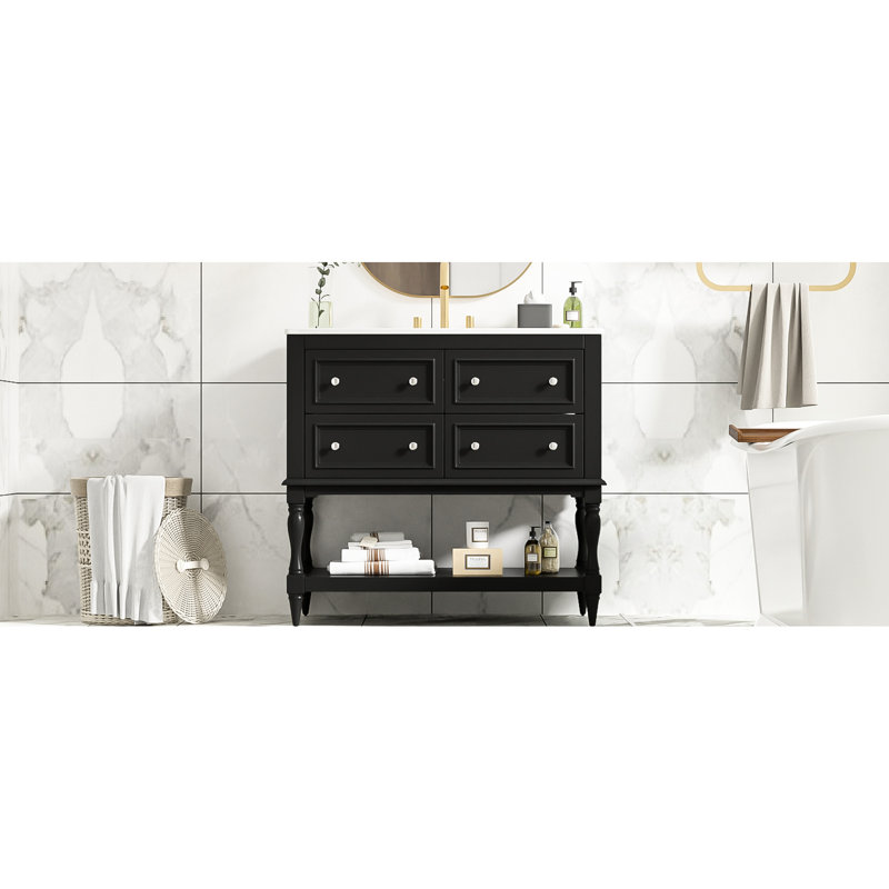 Meuble-lavabo de 36 po avec lavabo - noir. Structure en bois massif, rangement à 4 tiroirs. Bassin en céramique encastré. Solution élégante. Armoire en bois facile à assembler, tiroirs. Évier. Organisation généreuse. Simple