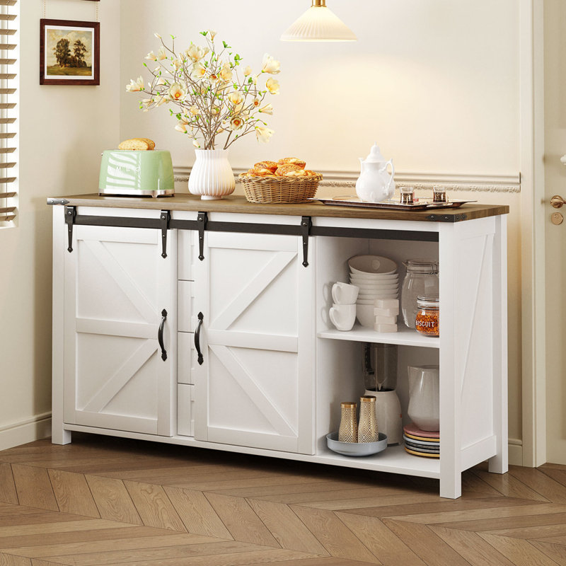 Draxen Farmhouse 55.1" Wood Sideboard With Sliding Barn Doors And 4 Drawers, White