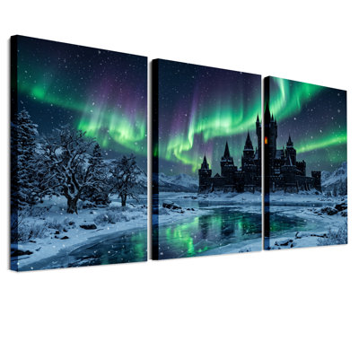 «Snowy Fantasy Castle Under Green Halloween», ensemble de 3 toiles murales